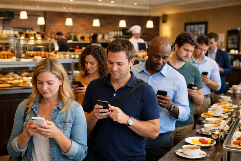 Guests queueing in a hotel breakfast area