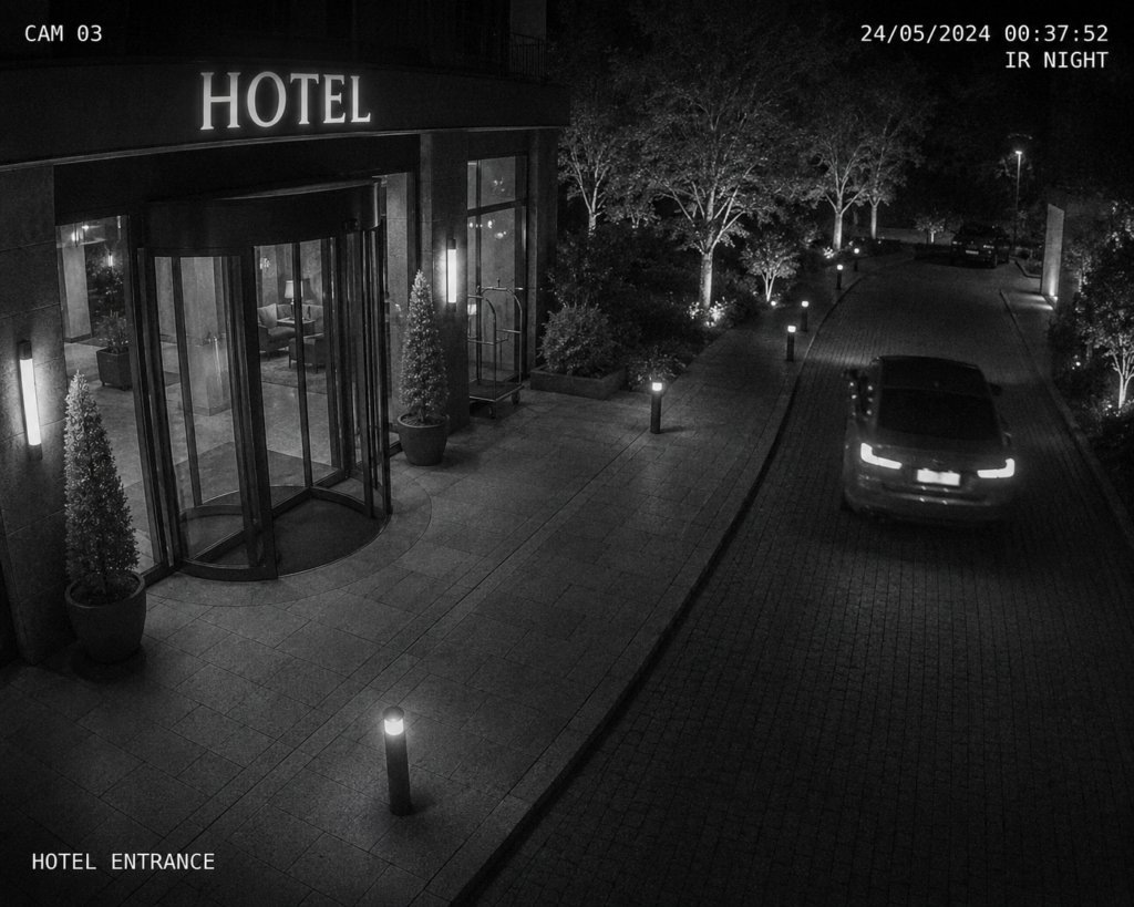 A CCTV nightvision view of a hotel entrance