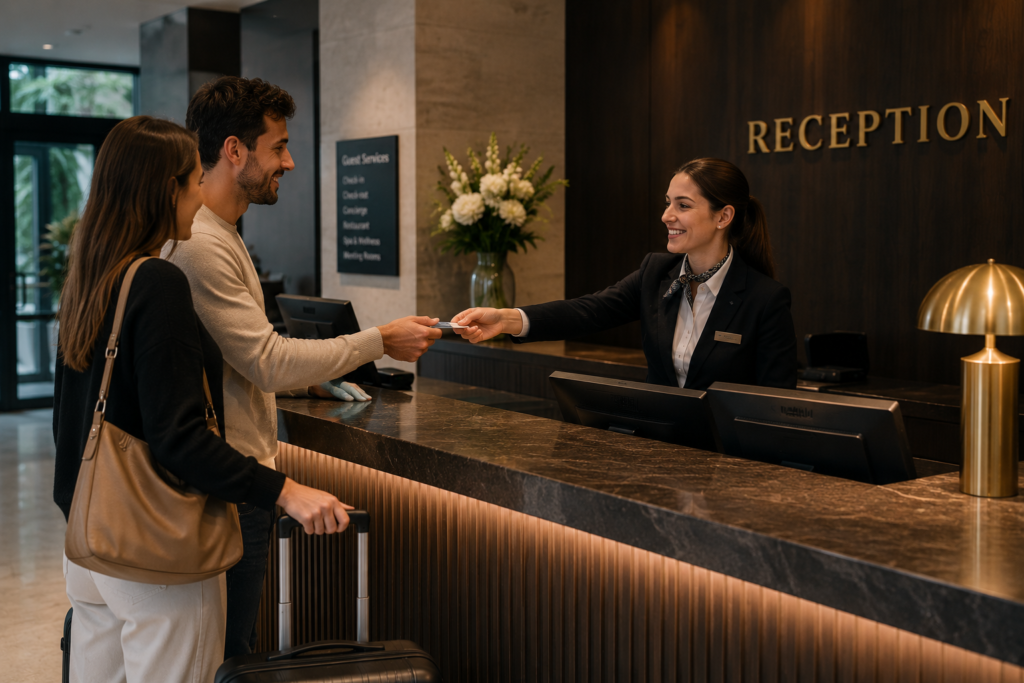 A couple checking in at a hotel reception