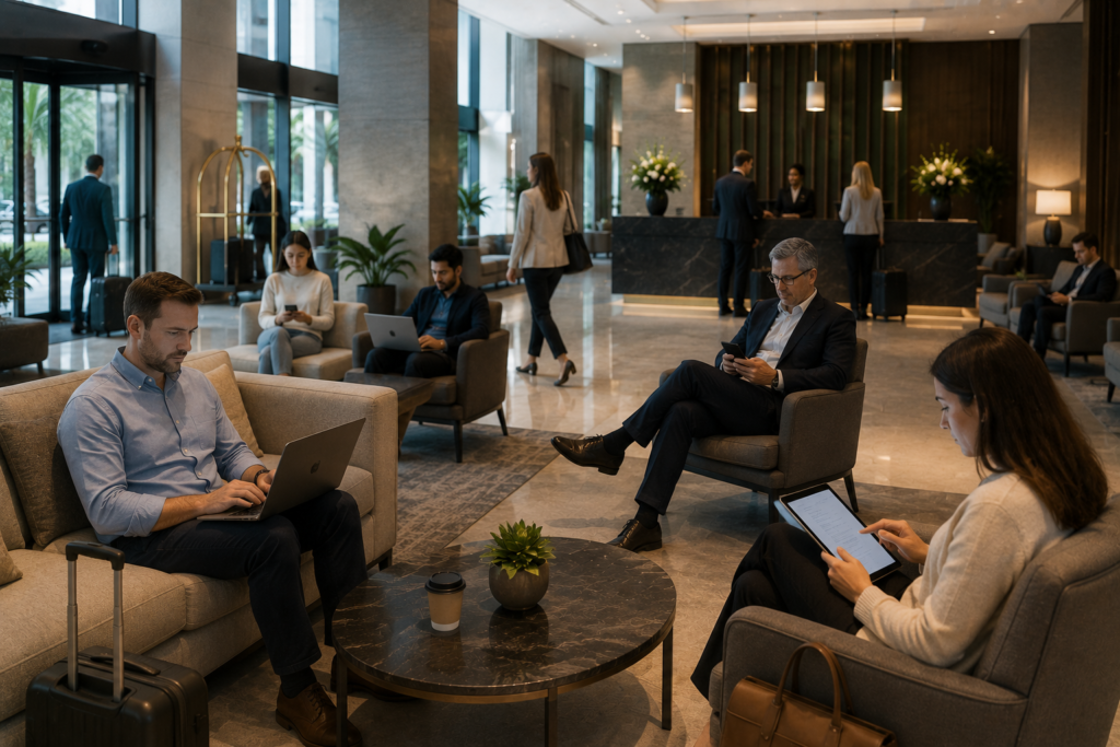 A Hotel Lobby full of people using laptops ipads and phones