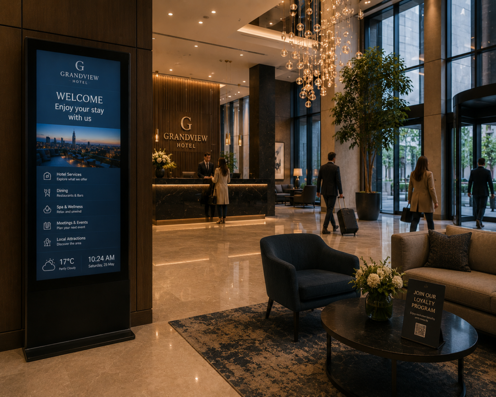 A Hotel Lobby with a digital signage display