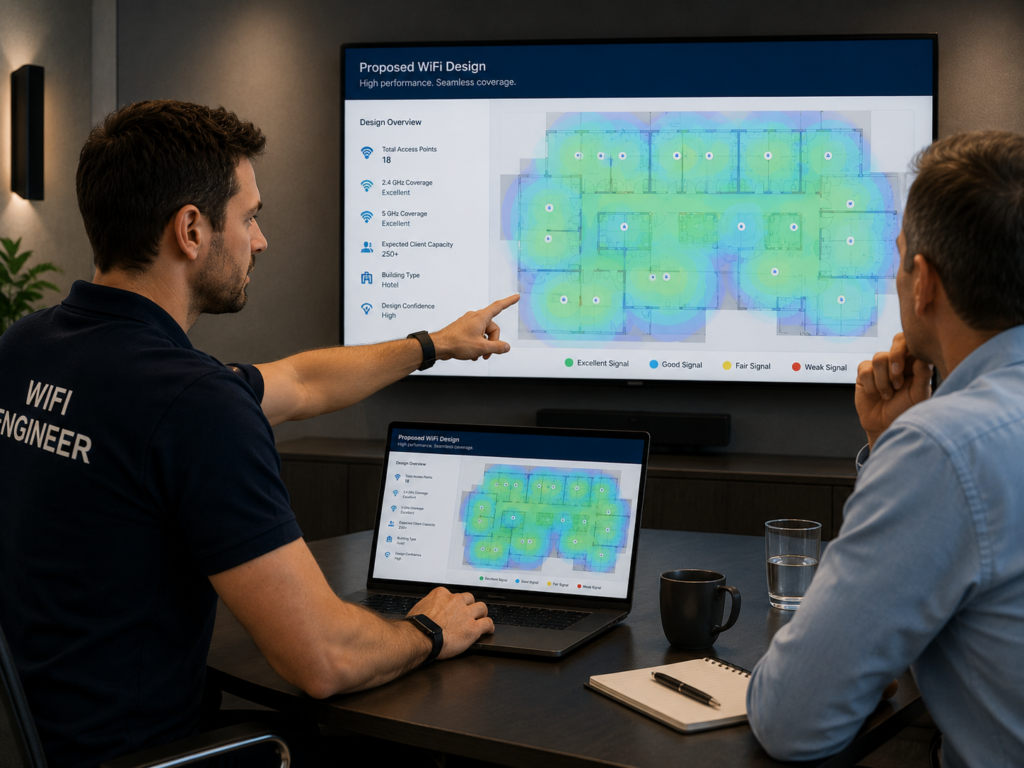 A Wifi engineer presenting his new design to a client