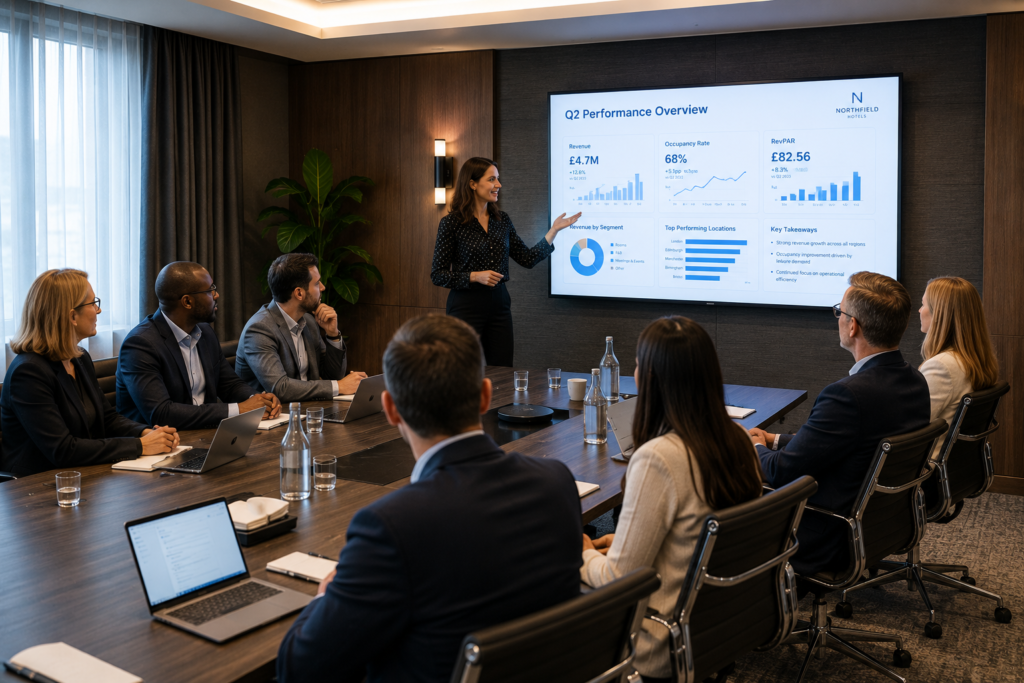 A conference room with someone presenting at a screen