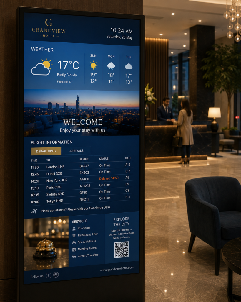 A digital signage display showing weather and flights