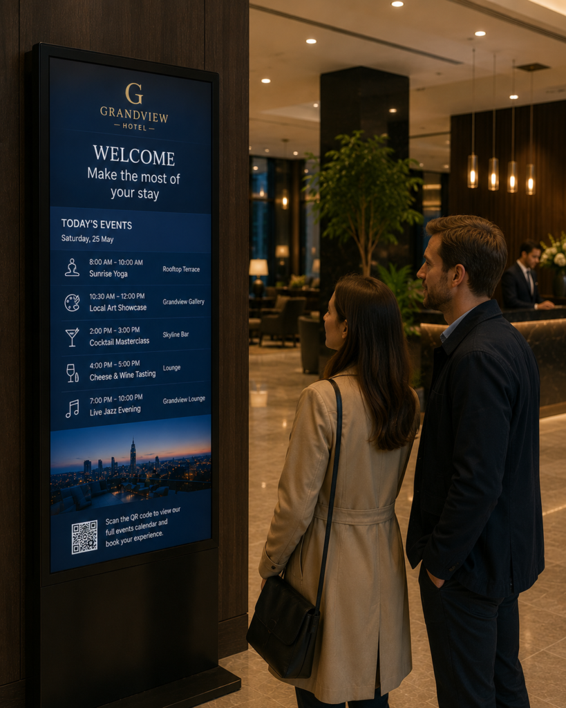 A digital signage screen showing the event schedule