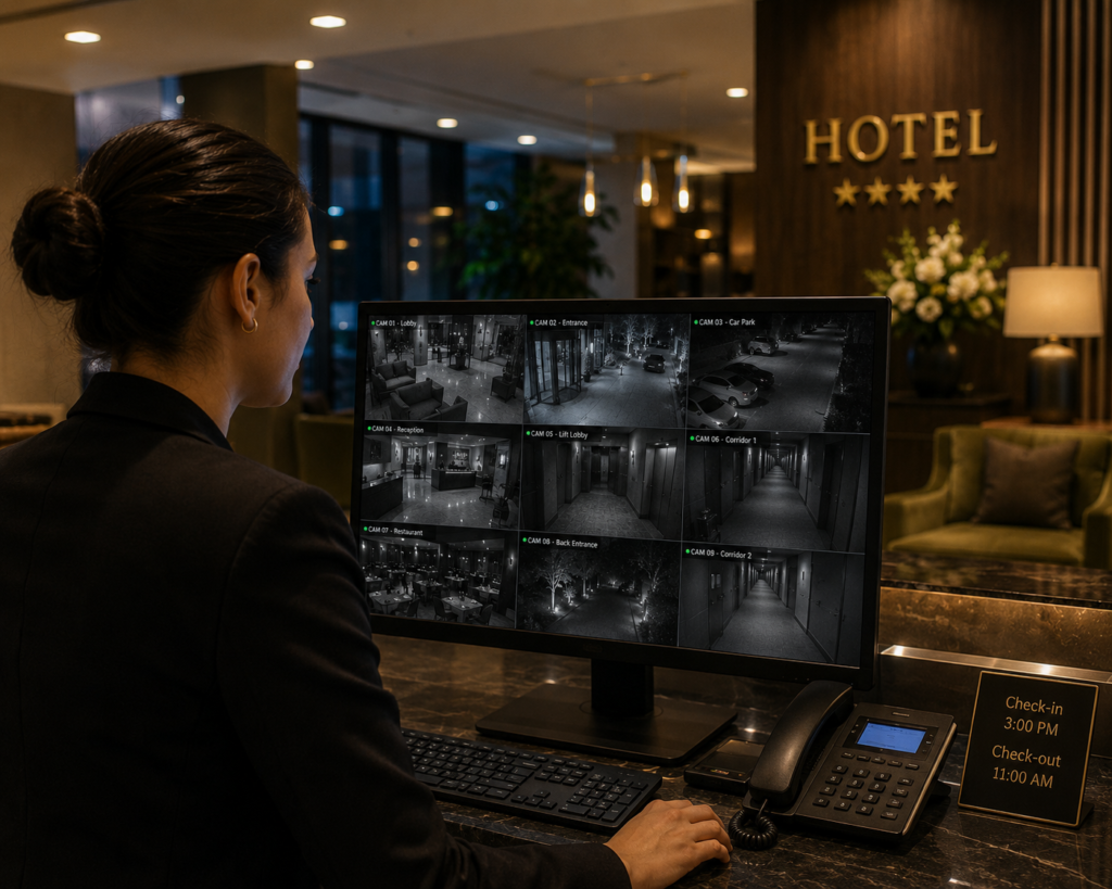 A hotel receptionist monitoring CCTV cameras