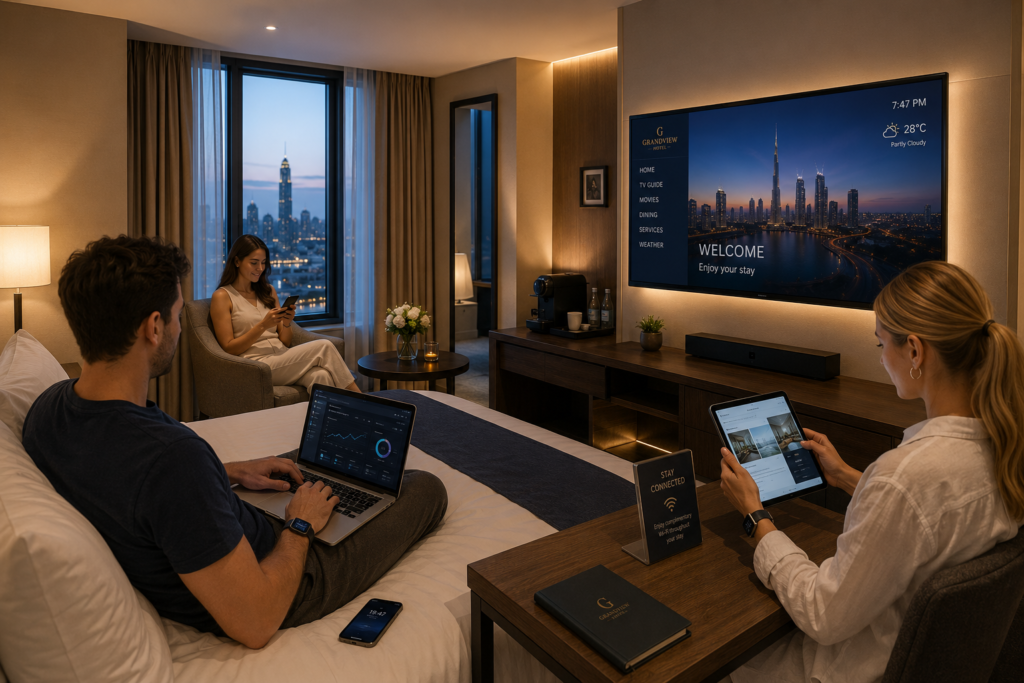 A hotel room full of people using multiple devices