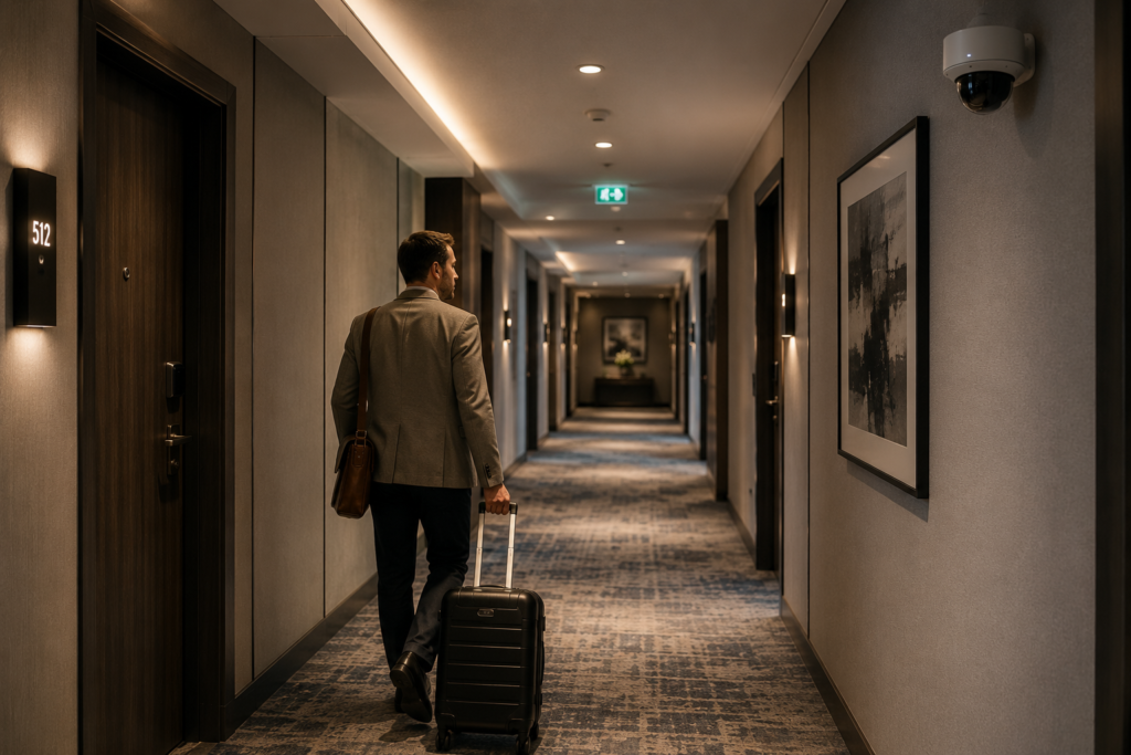 A man walking down a hotel corridor with a CCTV camera watching