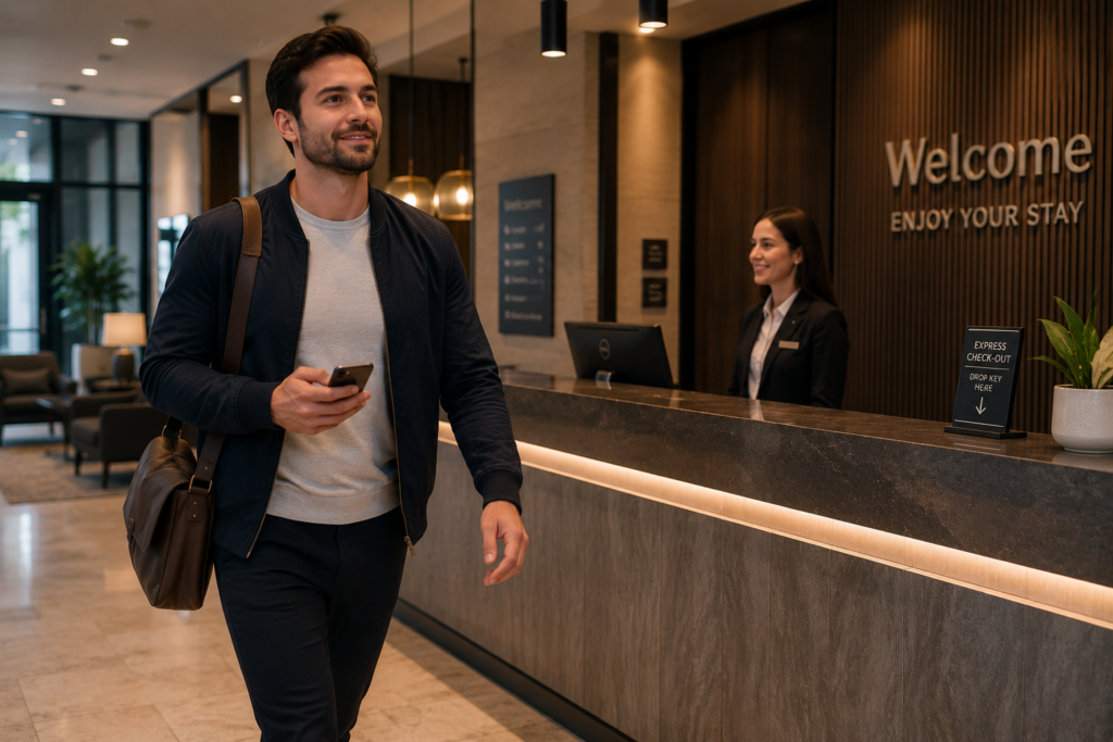 A man walking past reception to access his room with his mobile device