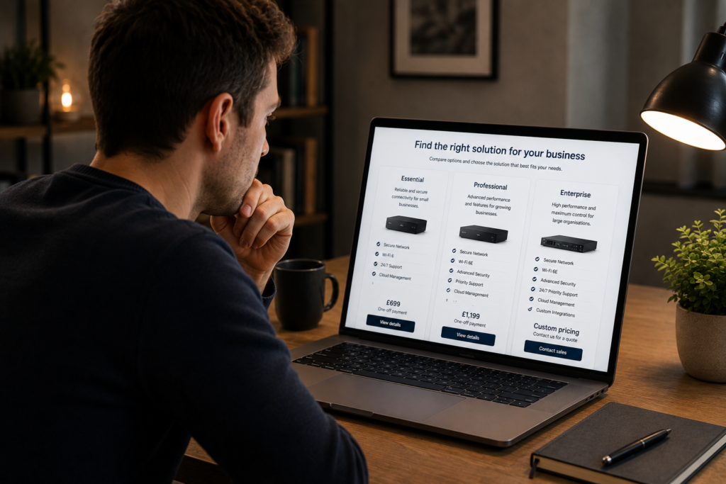 A person at a laptop considering options