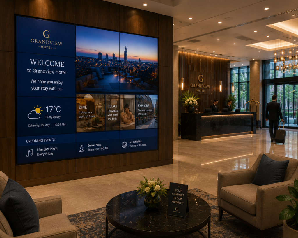 A video wall in a hotel lobby