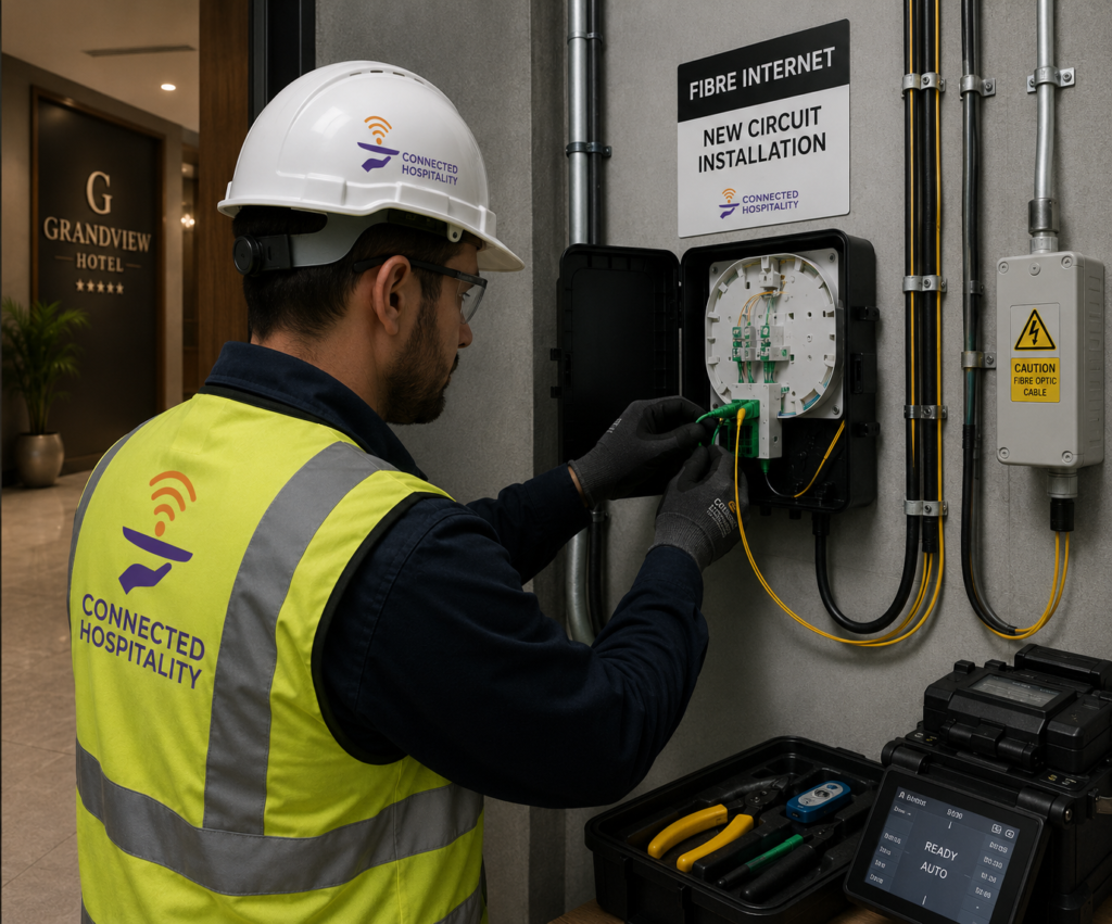 An engineer installing a new fibre circuit into a building