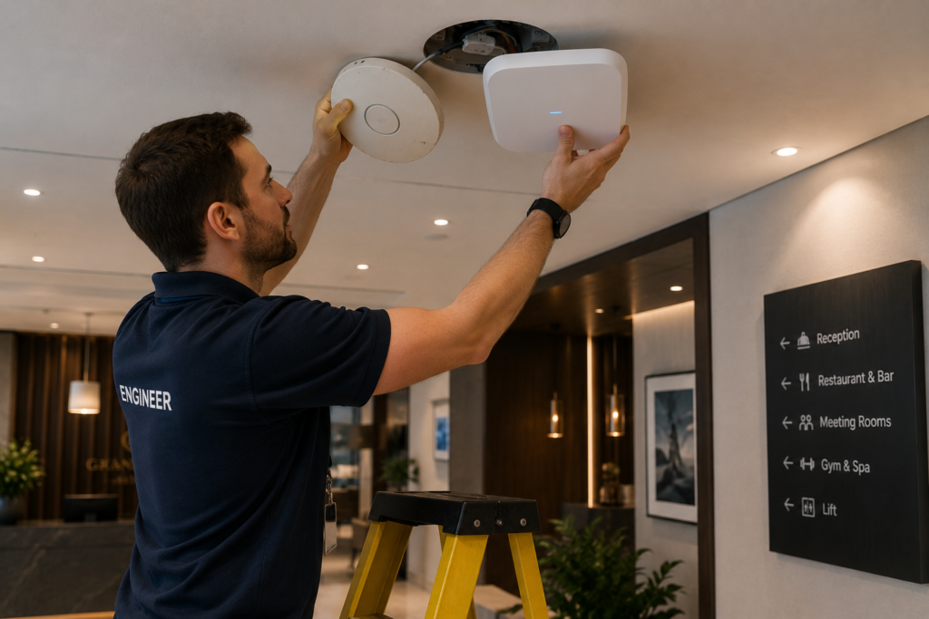 An engineer swapping and old wireless access point for a new one in the same location