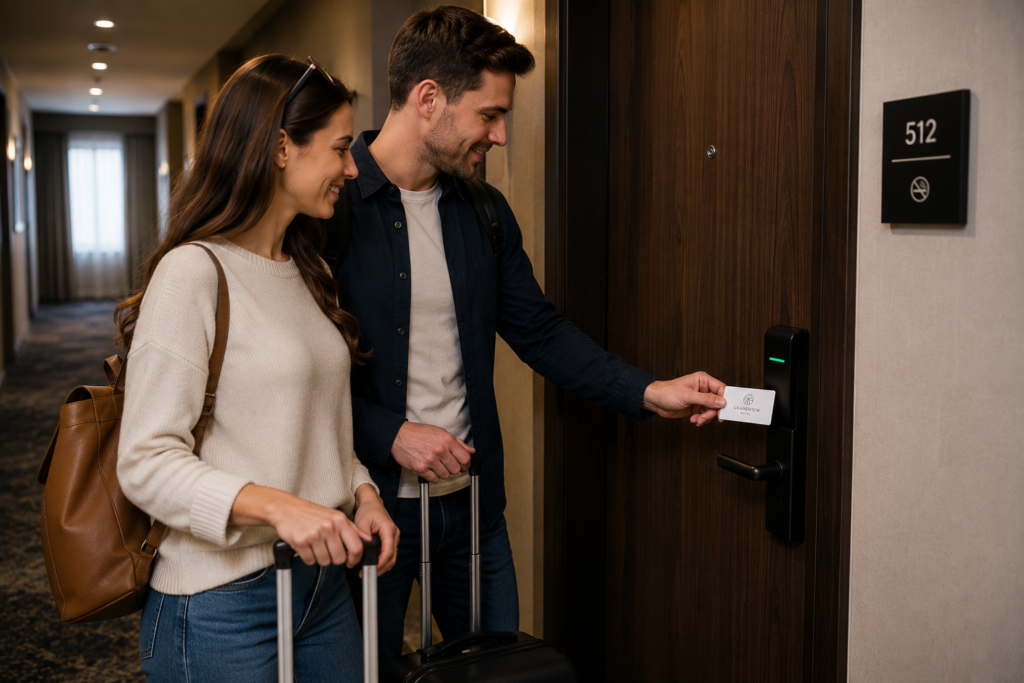 A couple opening a hotel room door with a key card