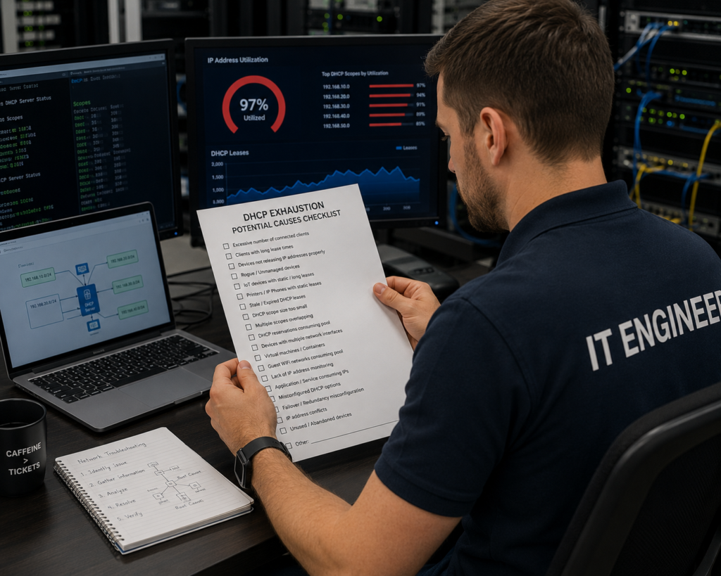 An IT Engineer following a check list to try and understand why he no longer has DHCP leases available