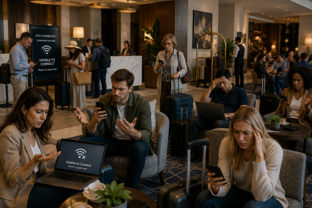 A Hotel Lobby follow of users who are frustrated they cannot connect to the WiFi
