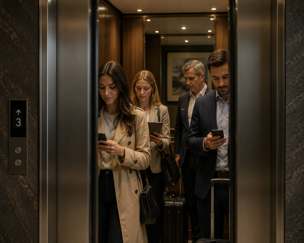 Hotel guests in a lift with the doors closing