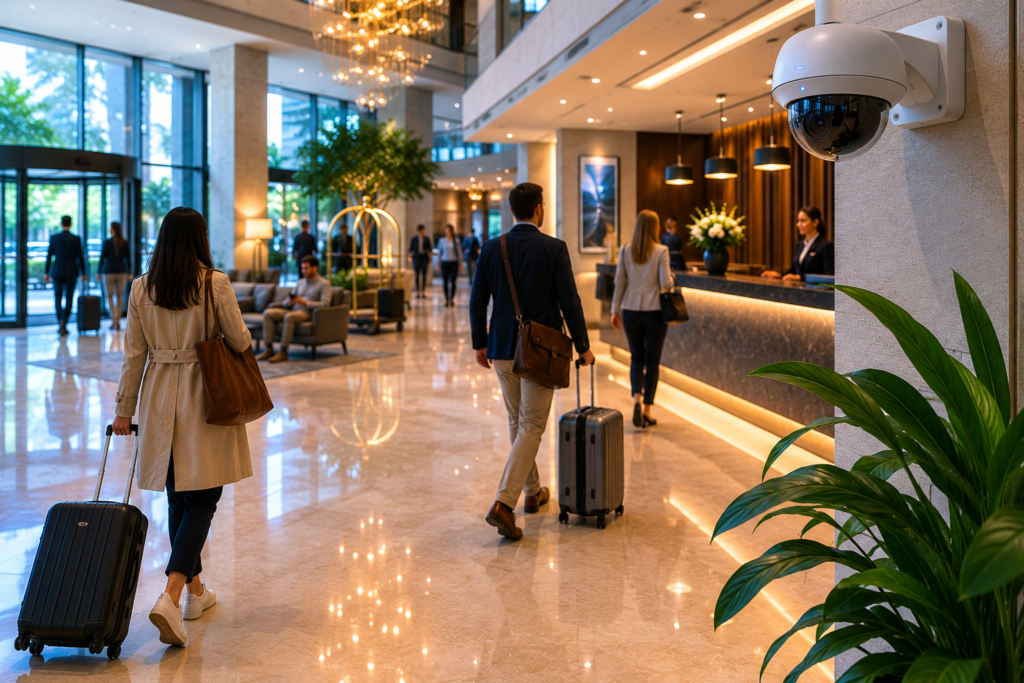 Hotel guests walking past a CCTV camera