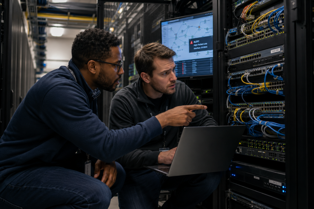 Network engineers troubleshooting an issue