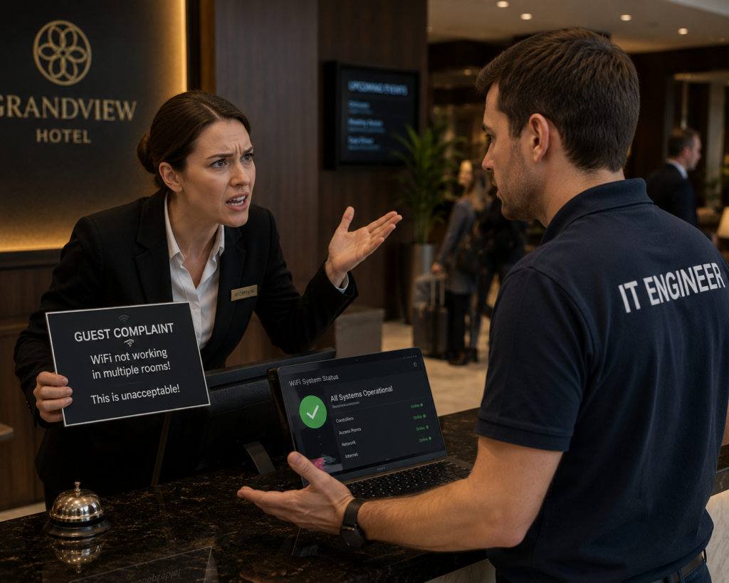 A receptionist blaming an IT engineer for Guest complaints, even though the system is working perfectly
