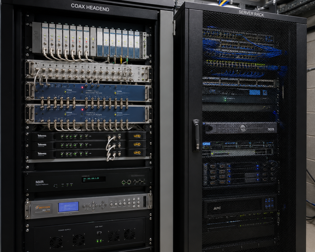 A coax headend and a server rack