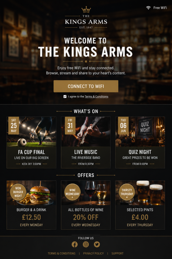A Wifi landing page promoting events at a pub