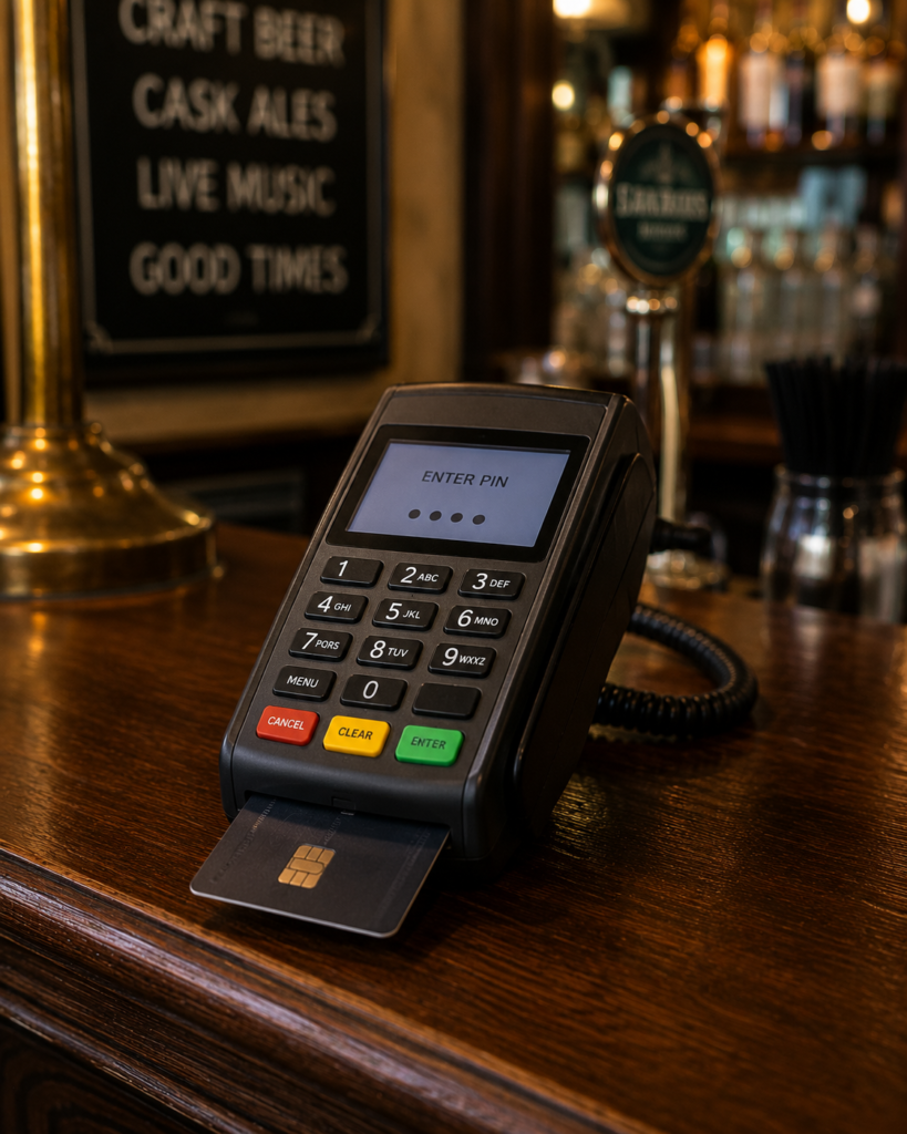 A chip and pin device on a pub bar