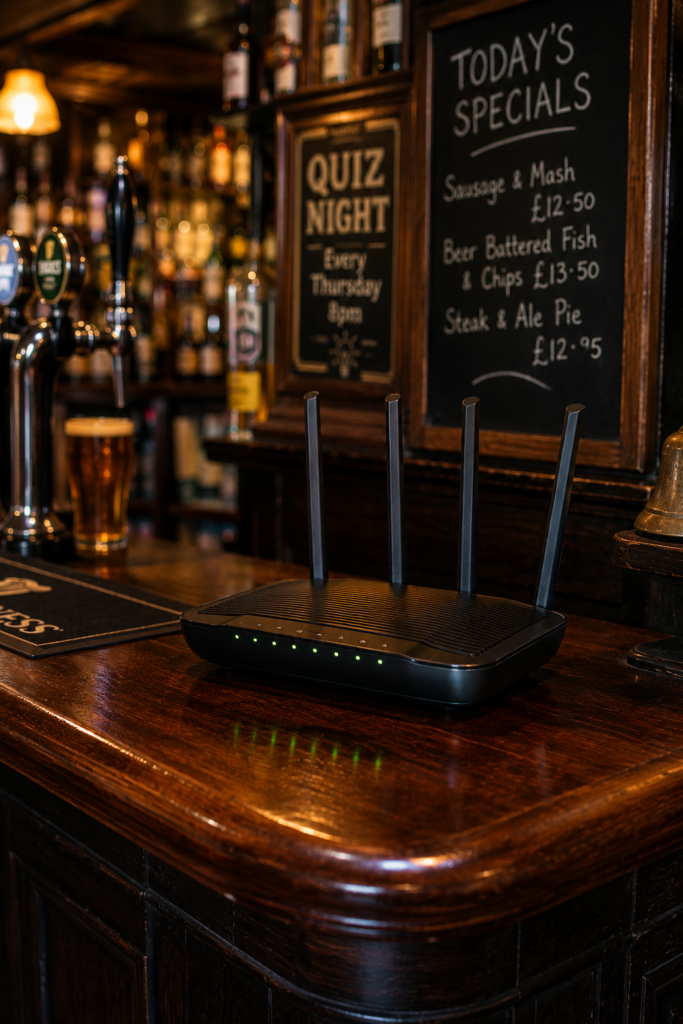 A home router on a pub bar