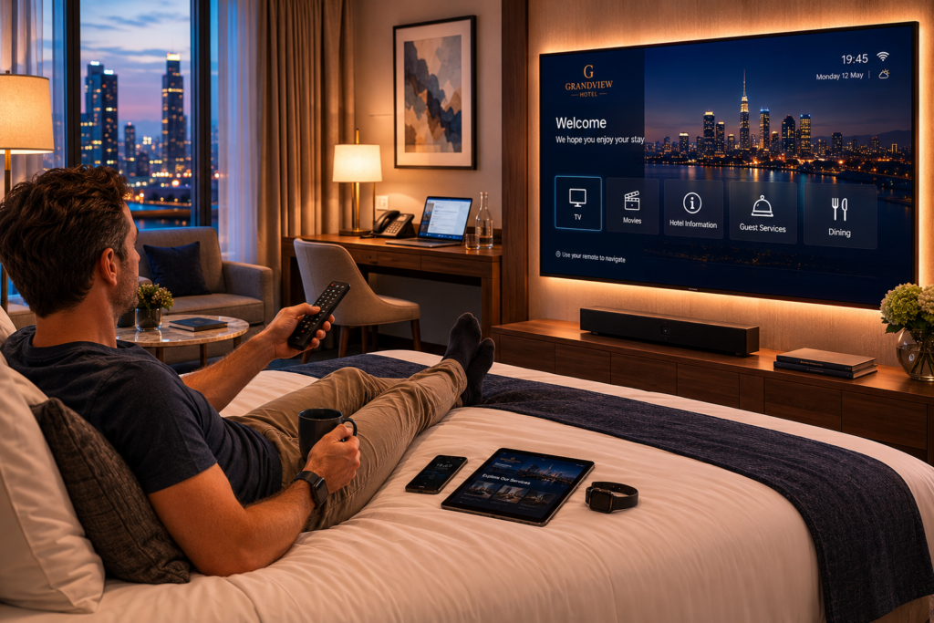 A man using a hotel IPTV system