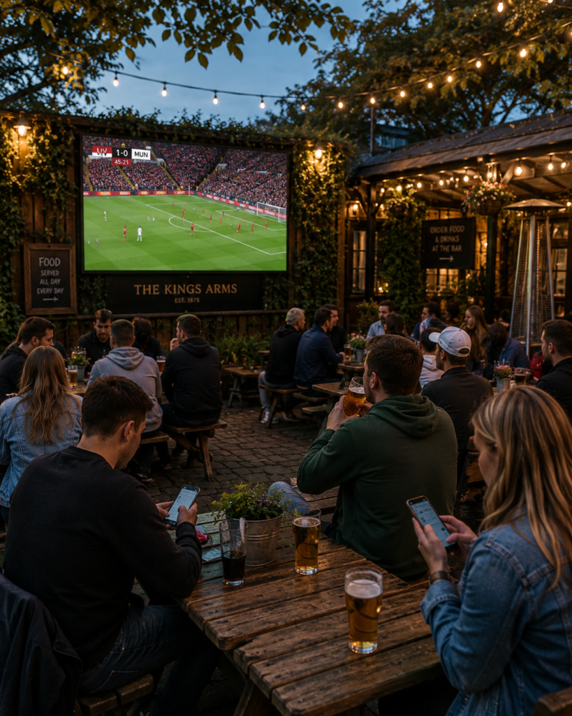 A pub beer garden with an outdoor screen