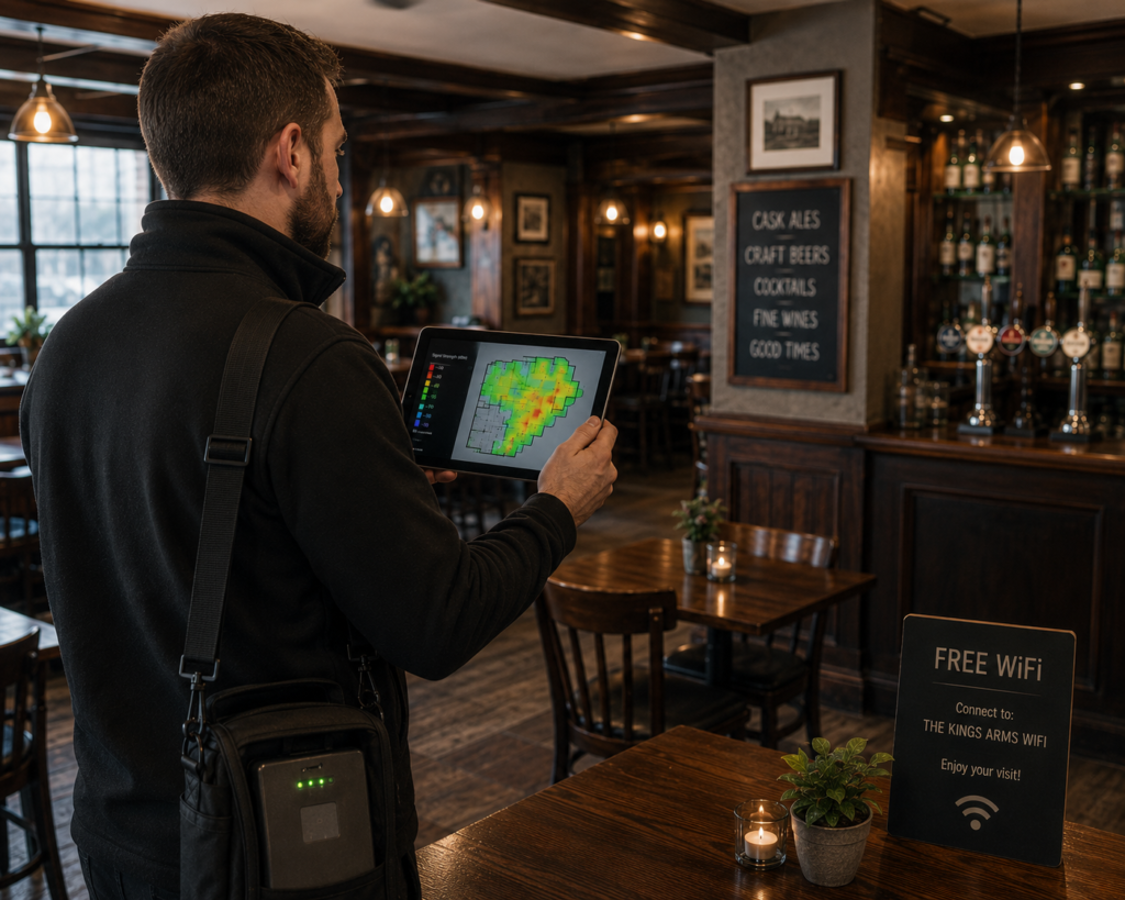 A wifi engineer surveying a pub