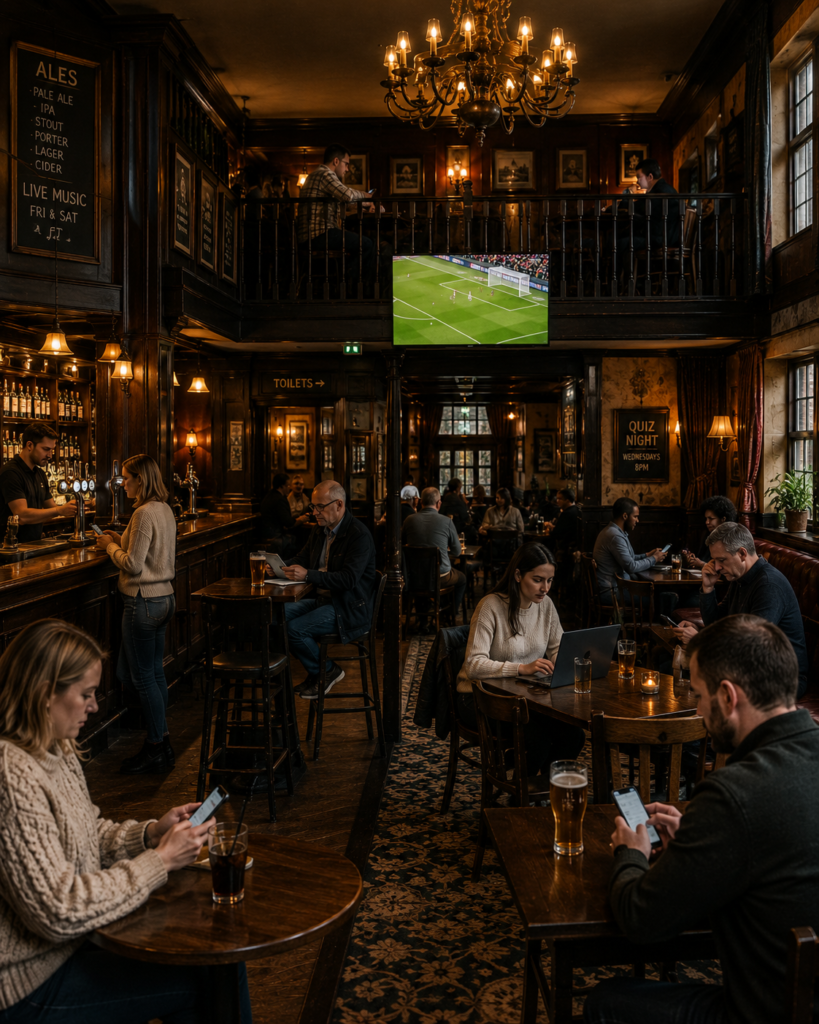 a large pub with people using wifi in all areas