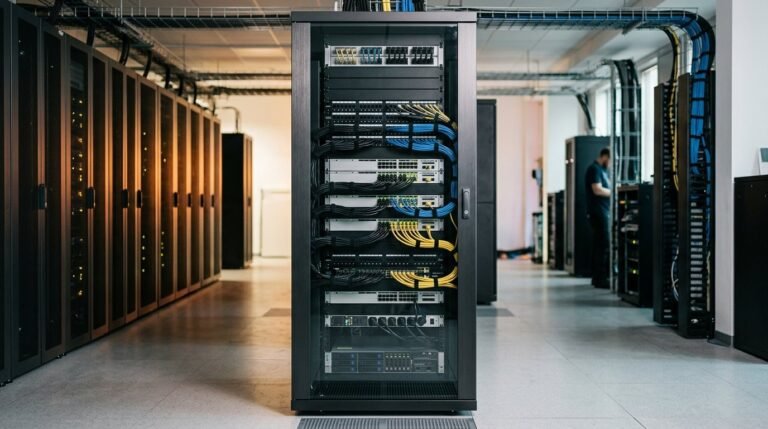Modern 42U communications cabinet with network equipment