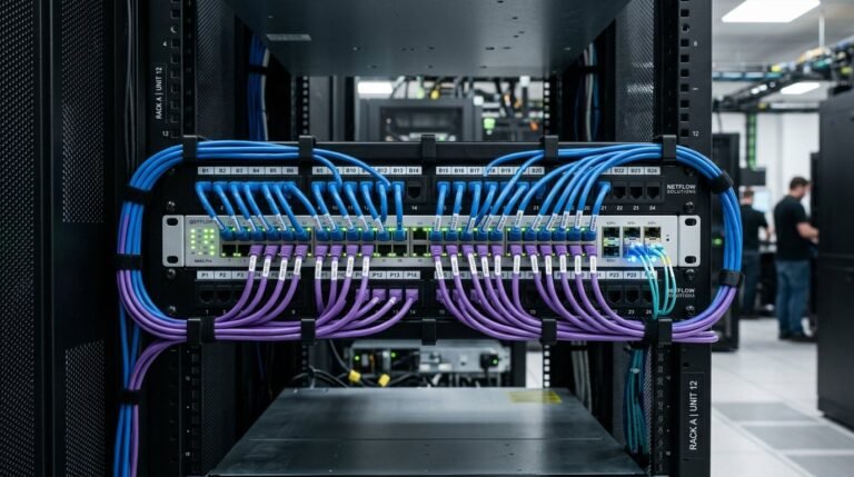 Enterprise network switch installed in a communications rack