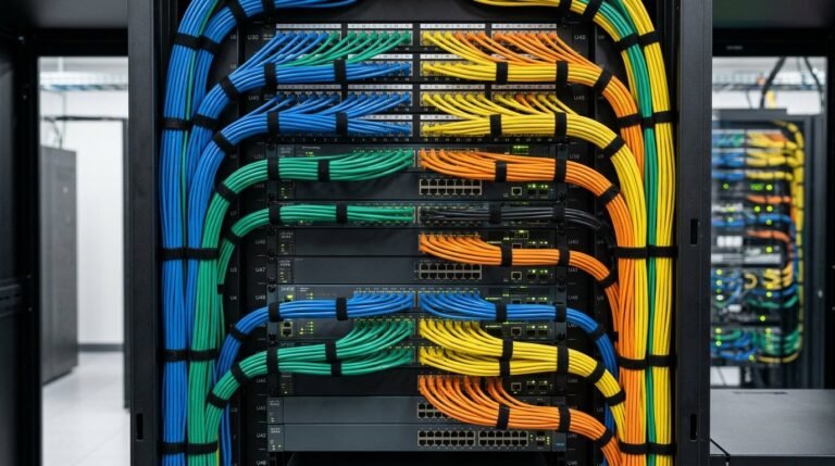 Professionally managed network cables inside a communications rack