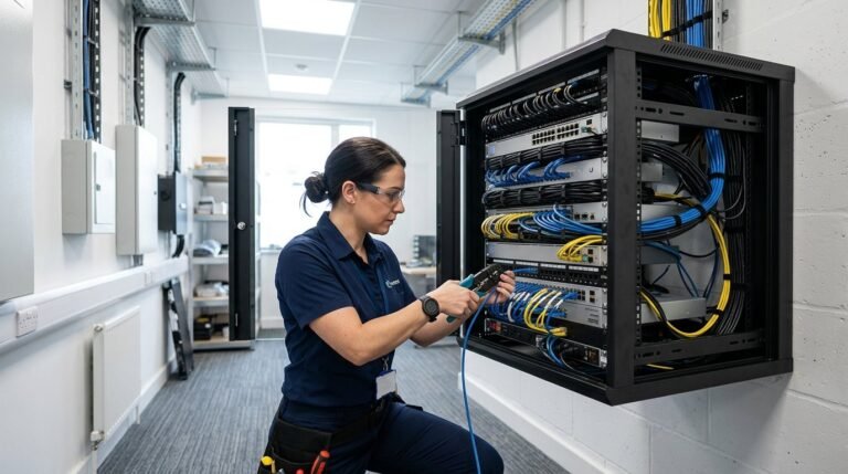 Engineer accessing a network rack for maintenance
