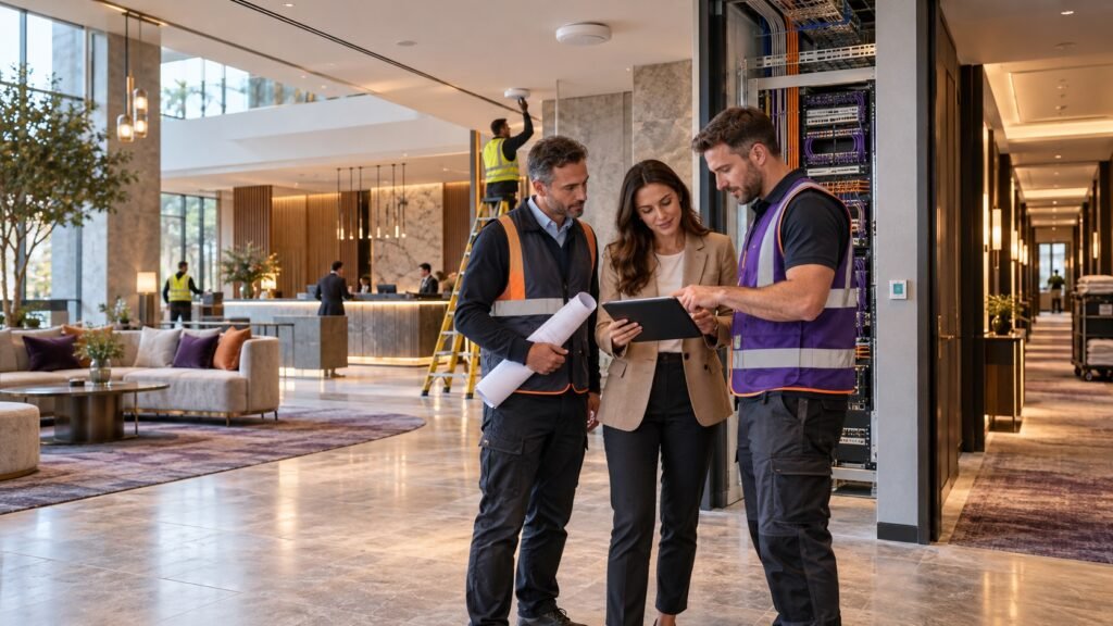 Hotel operator and technology specialists reviewing network infrastructure during a new-build hotel project.